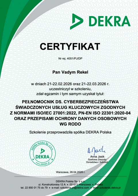 Szkolenie zakończone egzaminem: Pełnomocnik ds. cyberbezpieczeństwa, DEKRA. Dokument wystawiony dla Vadym Rekel.