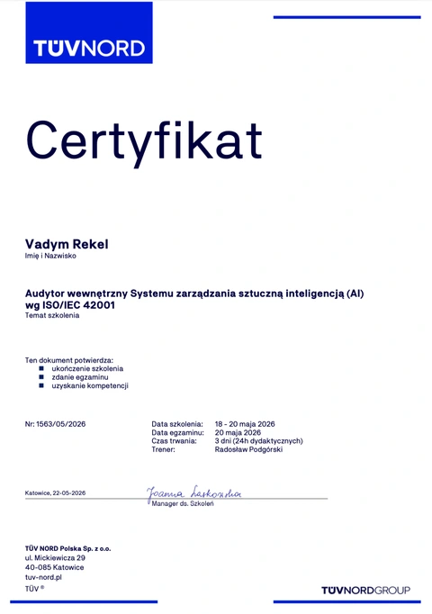 Szkolenie zakończone egzaminem: Audytor wewnętrzny ISO/IEC 42001, TÜV NORD. Dokument wystawiony dla Vadym Rekel.